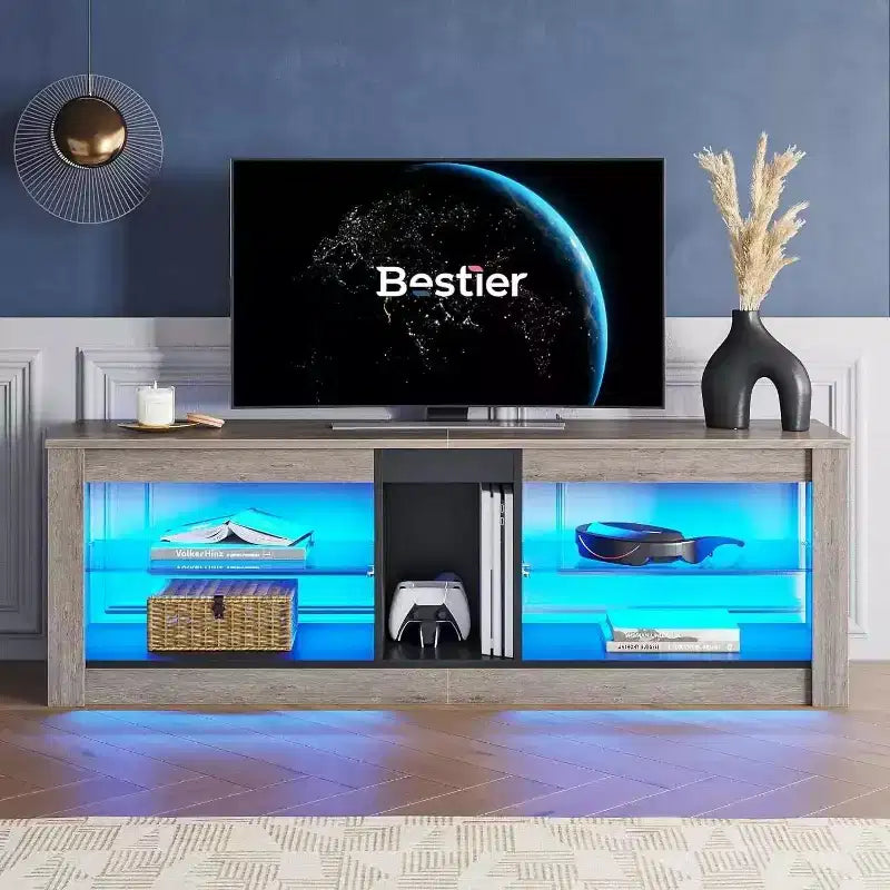 55" TV Stand for TVs up to 60 inch, Gaming Media Console with LED Lights and Glass Shelves