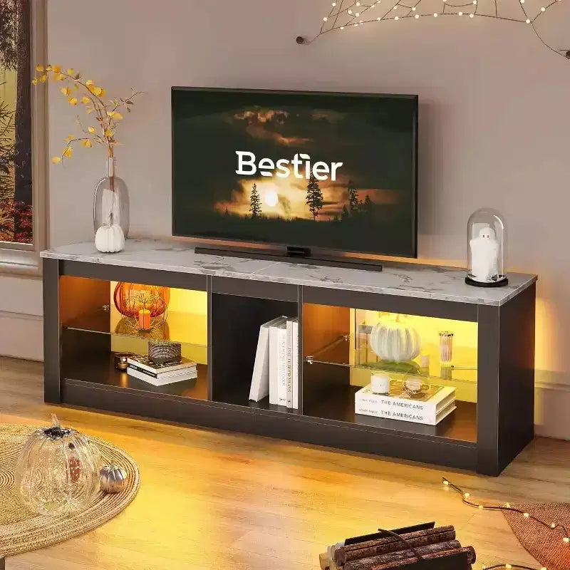55" TV Stand for TVs up to 60 inch, Gaming Media Console with LED Lights and Glass Shelves