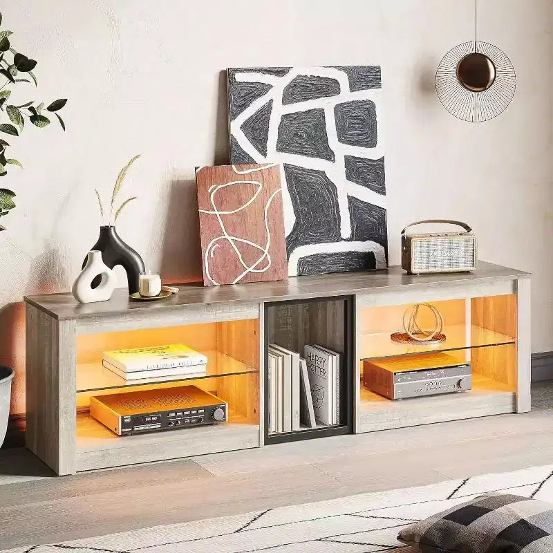 55" TV Stand for TVs up to 60 inch, Gaming Media Console with LED Lights and Glass Shelves