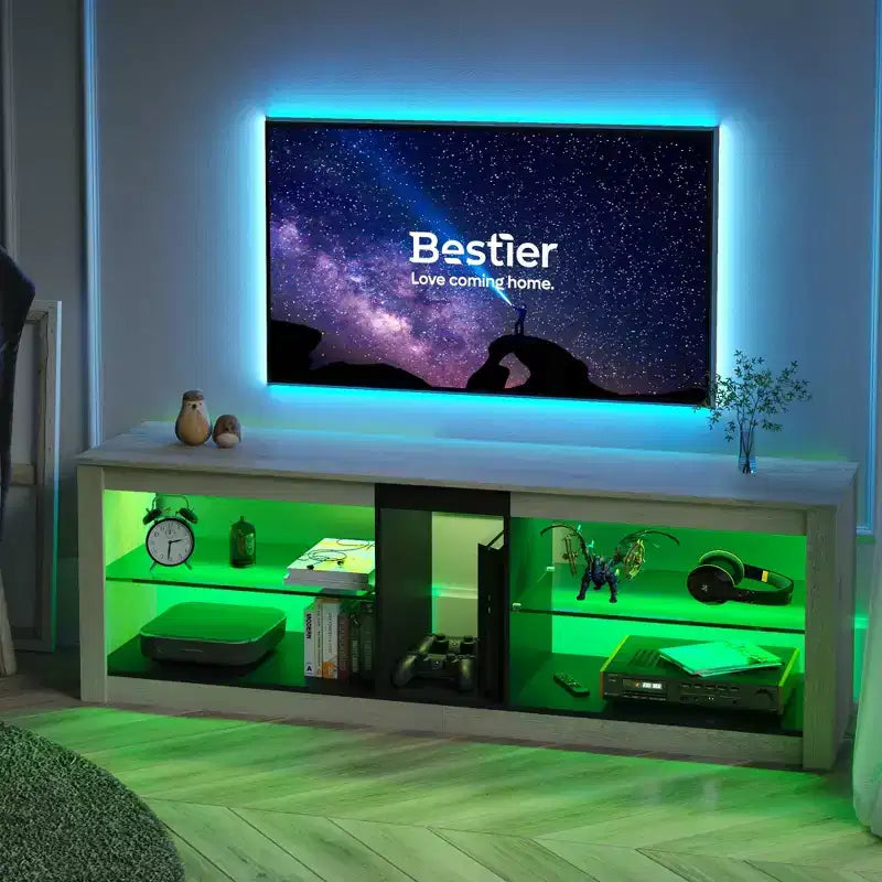 55" TV Stand for TVs up to 60 inch, Gaming Media Console with LED Lights and Glass Shelves