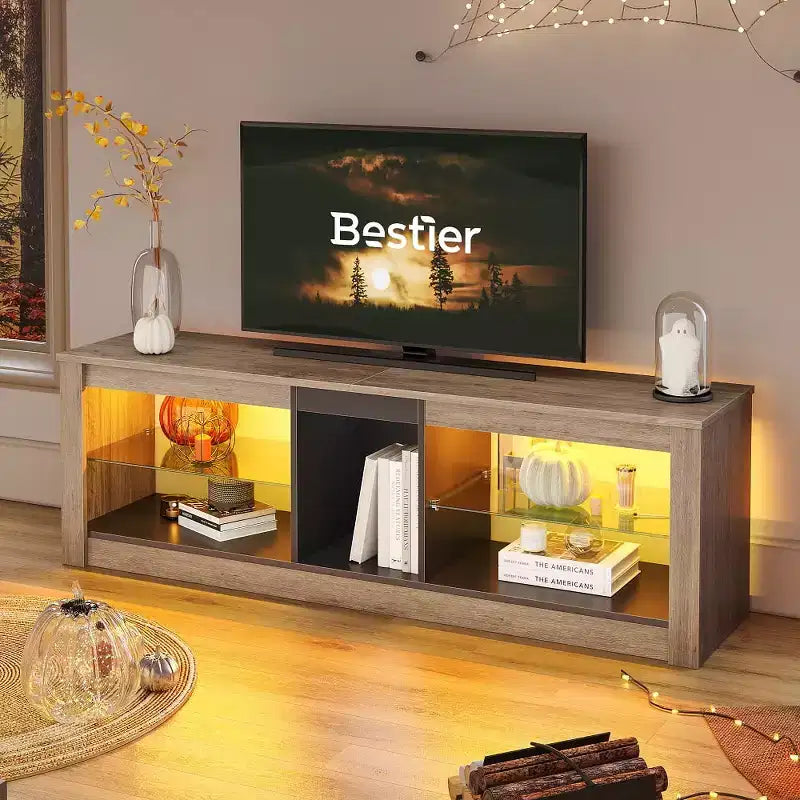 55" TV Stand for TVs up to 60 inch, Gaming Media Console with LED Lights and Glass Shelves