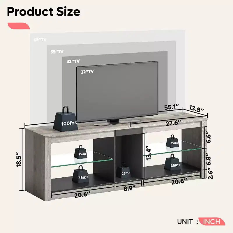 55" TV Stand for TVs up to 60 inch, Gaming Media Console with LED Lights and Glass Shelves