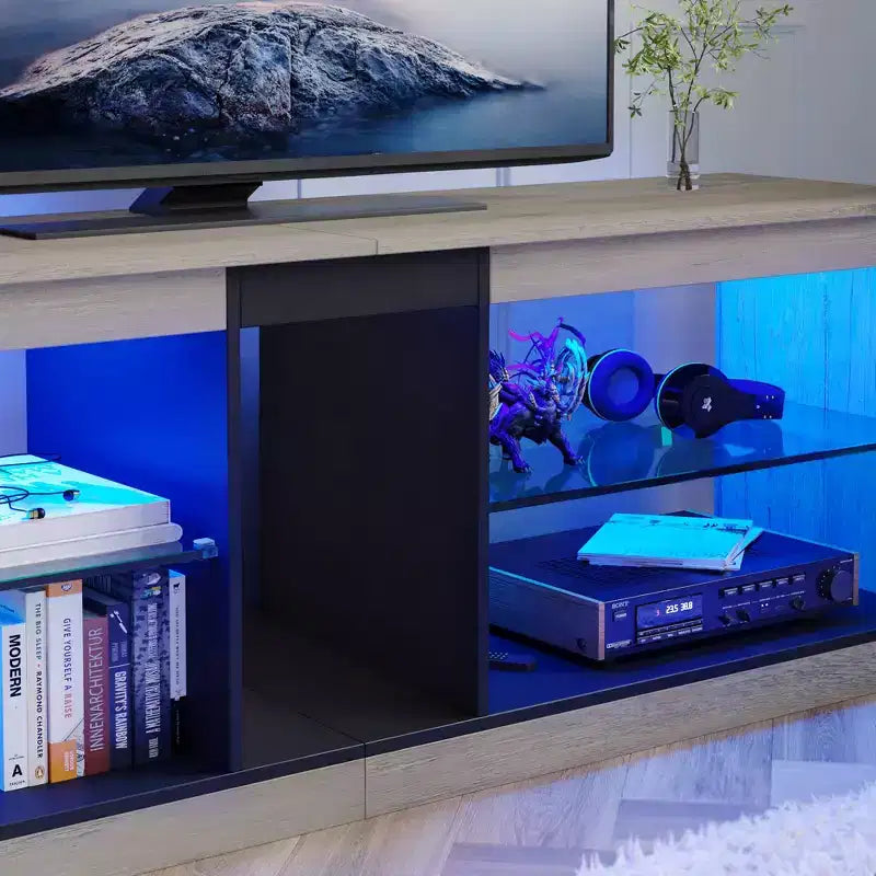 55" TV Stand for TVs up to 60 inch, Gaming Media Console with LED Lights and Glass Shelves