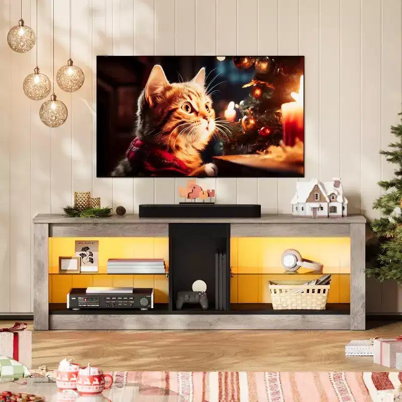 55" TV Stand for TVs up to 60 inch, Gaming Media Console with LED Lights and Glass Shelves