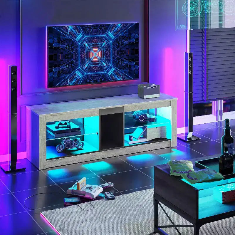 55" TV Stand for TVs up to 60 inch, Gaming Media Console with LED Lights and Glass Shelves