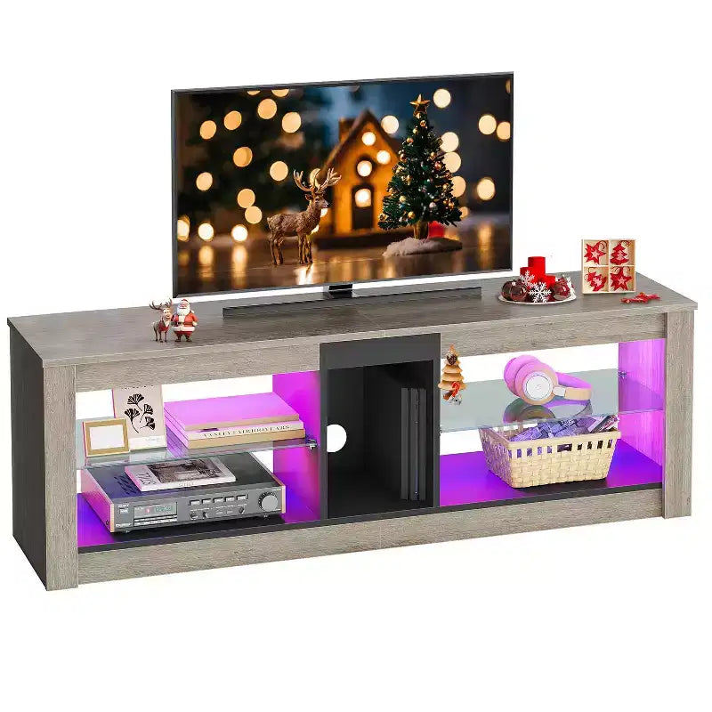 55" TV Stand for TVs up to 60 inch, Gaming Media Console with LED Lights and Glass Shelves