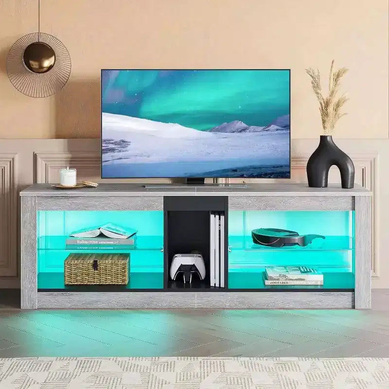 55" TV Stand for TVs up to 60 inch, Gaming Media Console with LED Lights and Glass Shelves
