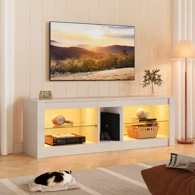 55" TV Stand for TVs up to 60 inch, Gaming Media Console with LED Lights and Glass Shelves