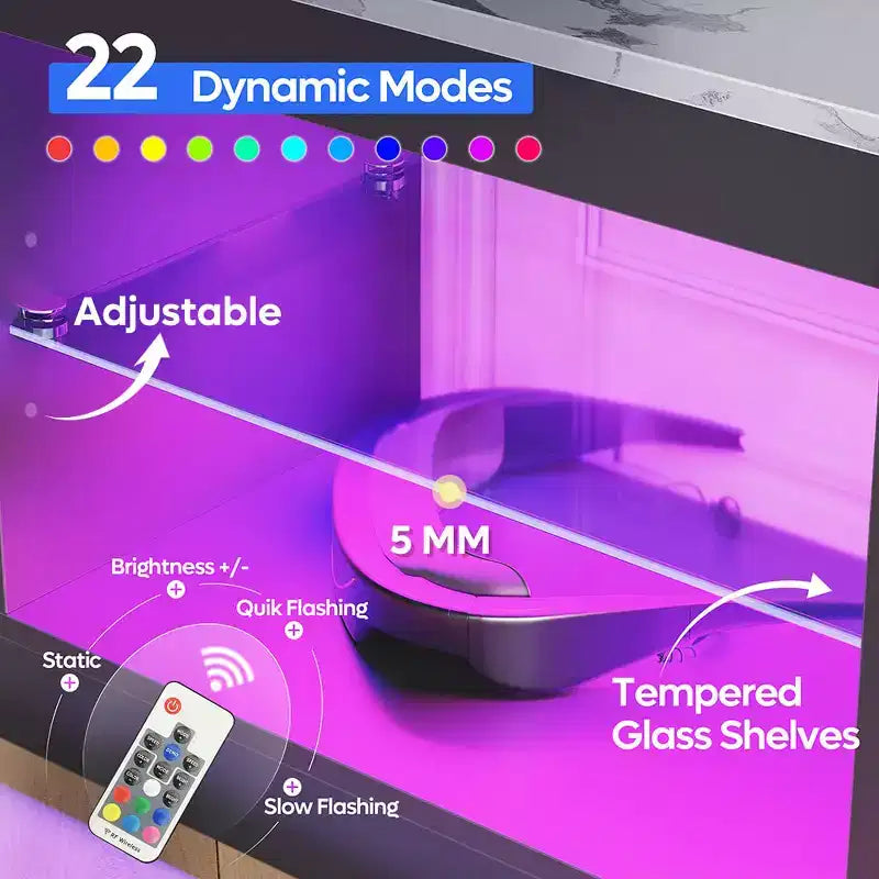 55" TV Stand for TVs up to 60 inch, Gaming Media Console with LED Lights and Glass Shelves