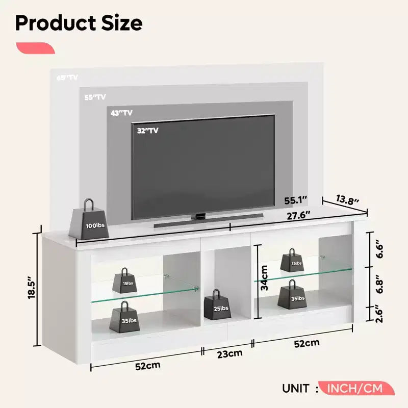 55" TV Stand for TVs up to 60 inch, Gaming Media Console with LED Lights and Glass Shelves