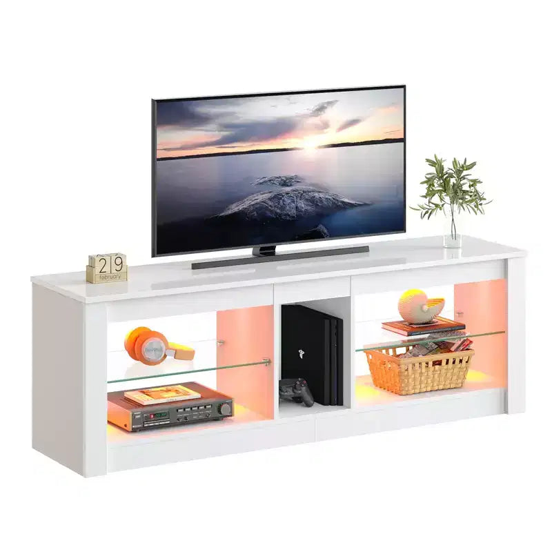 55" TV Stand for TVs up to 60 inch, Gaming Media Console with LED Lights and Glass Shelves