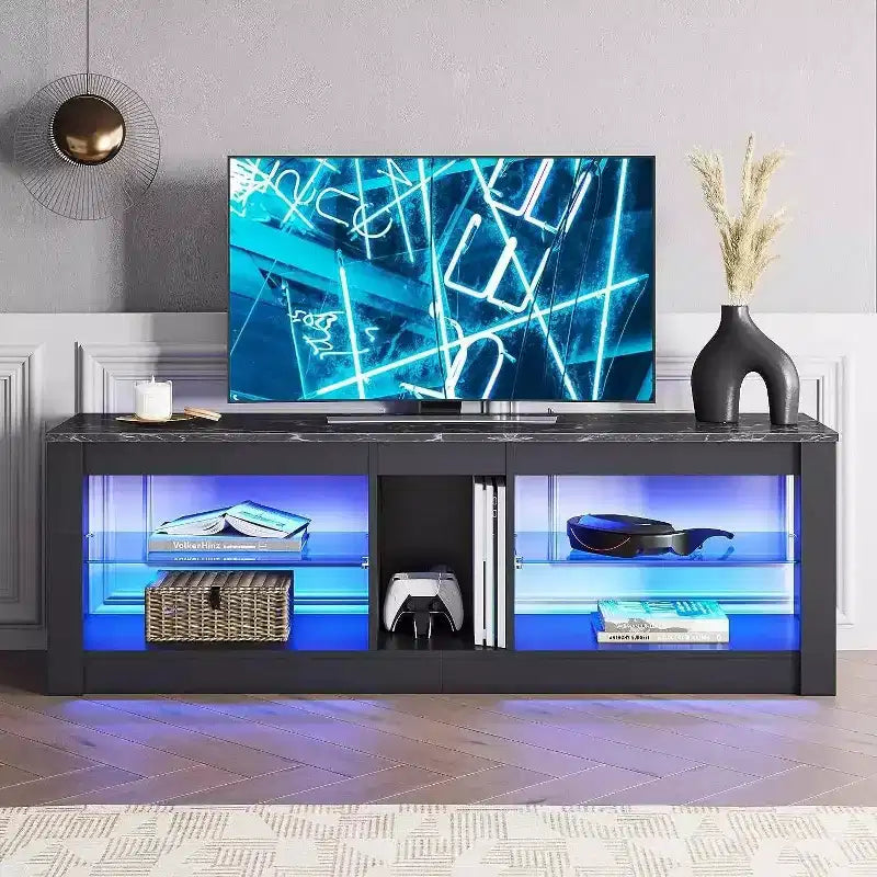 55" TV Stand for TVs up to 60 inch, Gaming Media Console with LED Lights and Glass Shelves