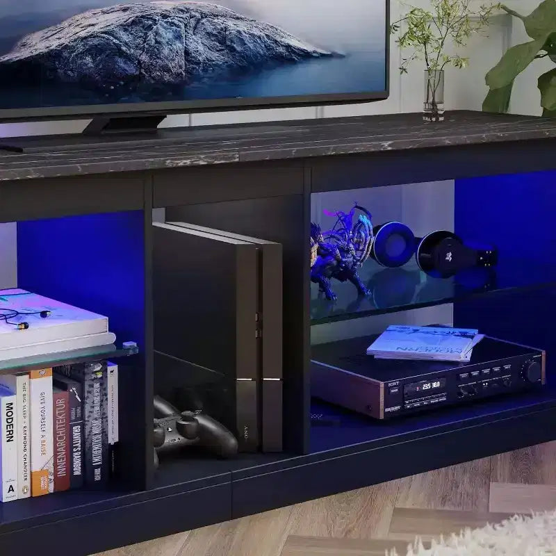 55" TV Stand for TVs up to 60 inch, Gaming Media Console with LED Lights and Glass Shelves