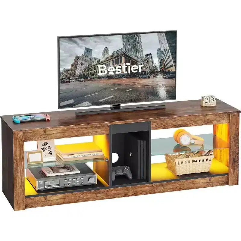 55" TV Stand for TVs up to 60 inch, Gaming Media Console with LED Lights and Glass Shelves