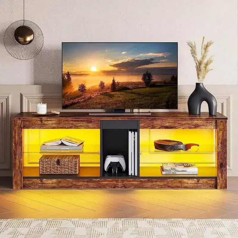 55" TV Stand for TVs up to 60 inch, Gaming Media Console with LED Lights and Glass Shelves