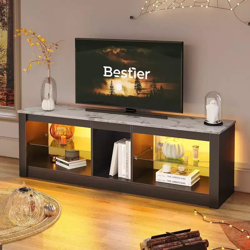 55" TV Stand for TVs up to 60 inch, Gaming Media Console with LED Lights and Glass Shelves