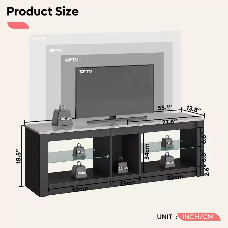 55" TV Stand for TVs up to 60 inch, Gaming Media Console with LED Lights and Glass Shelves