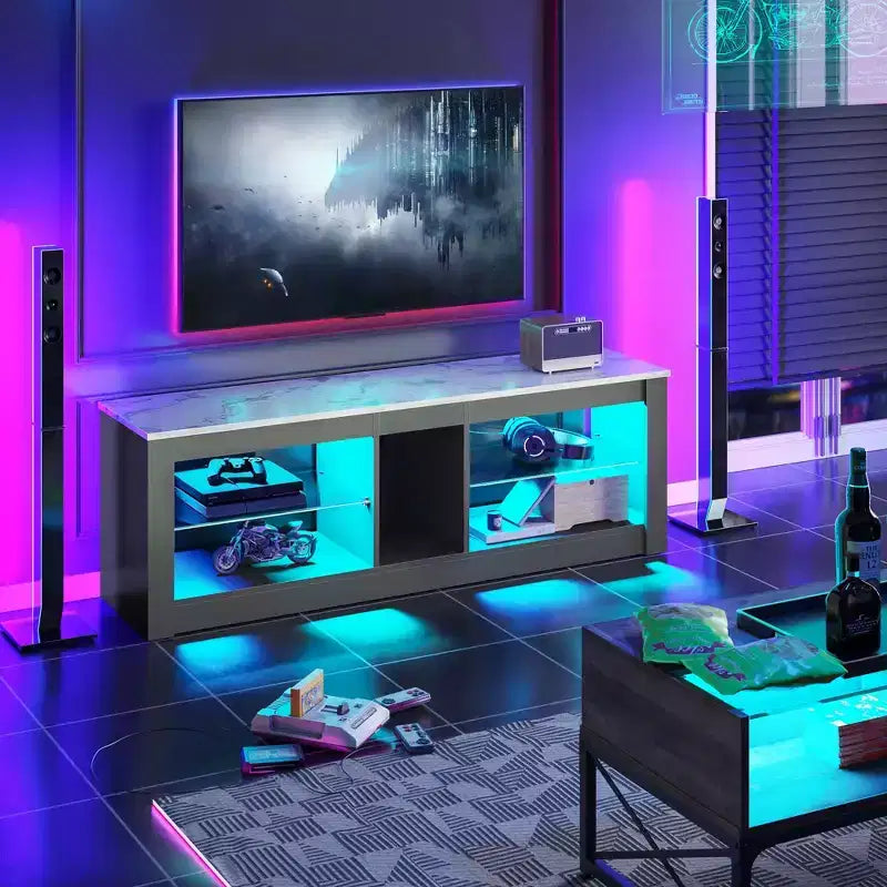 55" TV Stand for TVs up to 60 inch, Gaming Media Console with LED Lights and Glass Shelves
