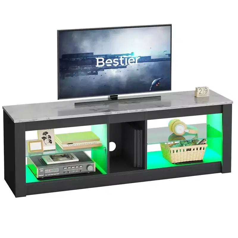 55" TV Stand for TVs up to 60 inch, Gaming Media Console with LED Lights and Glass Shelves