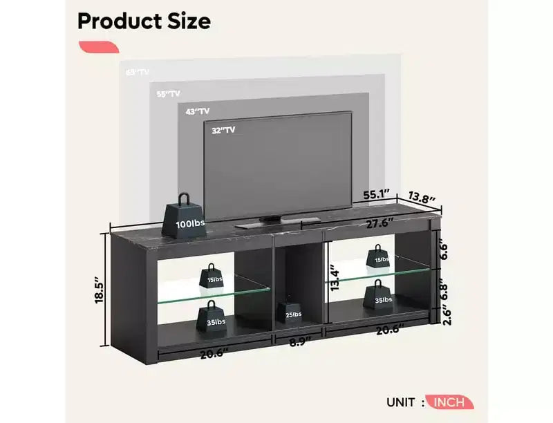 55" TV Stand for TVs up to 60 inch, Gaming Media Console with LED Lights and Glass Shelves