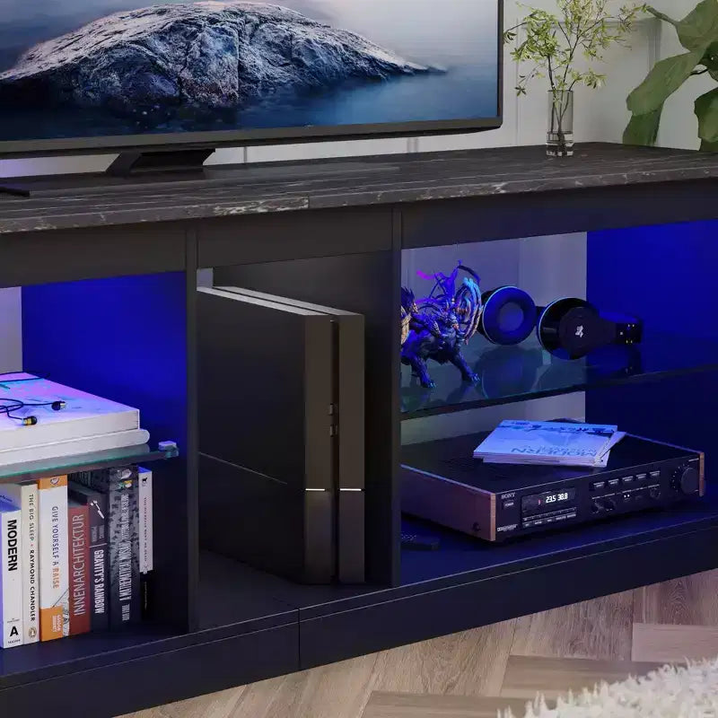 55" TV Stand for TVs up to 60 inch, Gaming Media Console with LED Lights and Glass Shelves