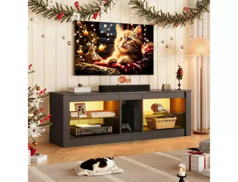 55" TV Stand for TVs up to 60 inch, Gaming Media Console with LED Lights and Glass Shelves
