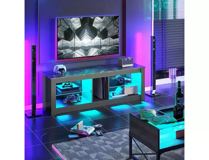 55" TV Stand for TVs up to 60 inch, Gaming Media Console with LED Lights and Glass Shelves