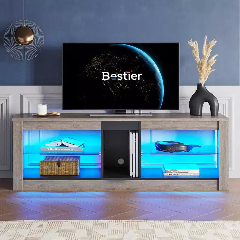 55" TV Stand for TVs up to 60 inch, Gaming Media Console with LED Lights and Glass Shelves