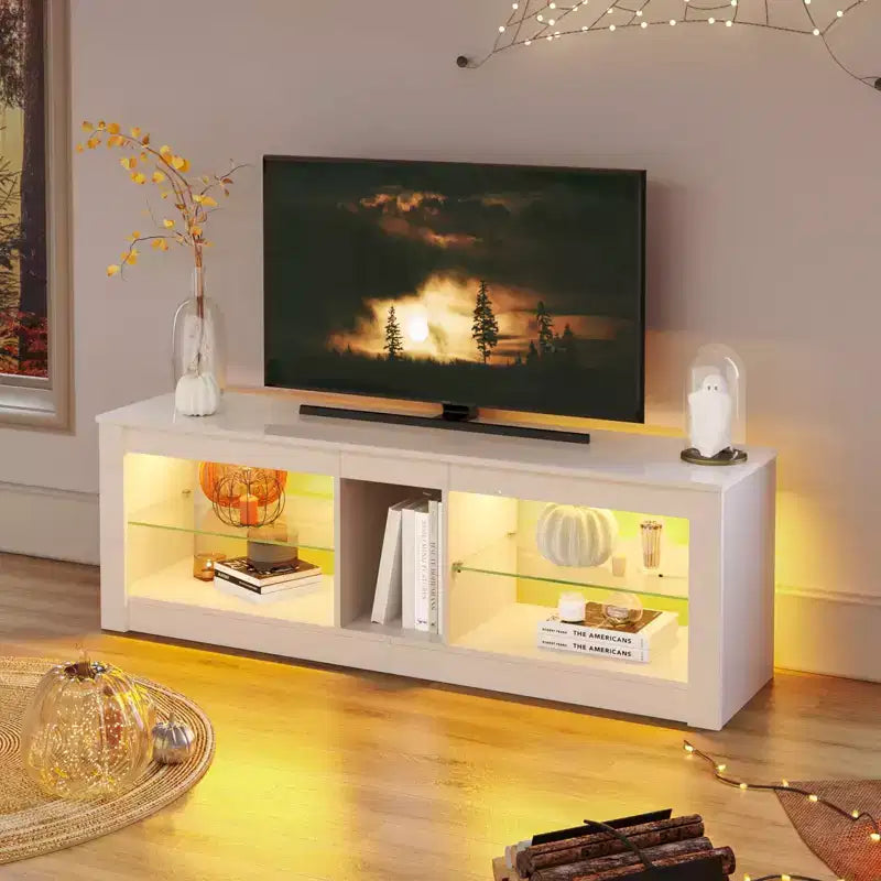 55" TV Stand for TVs up to 60 inch, Gaming Media Console with LED Lights and Glass Shelves