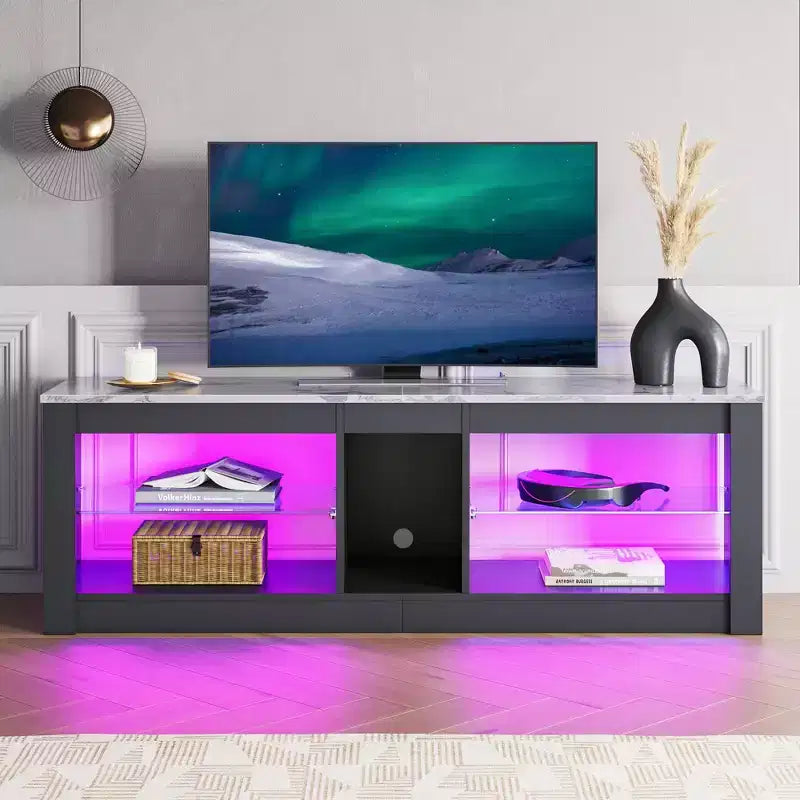 55" TV Stand for TVs up to 60 inch, Gaming Media Console with LED Lights and Glass Shelves