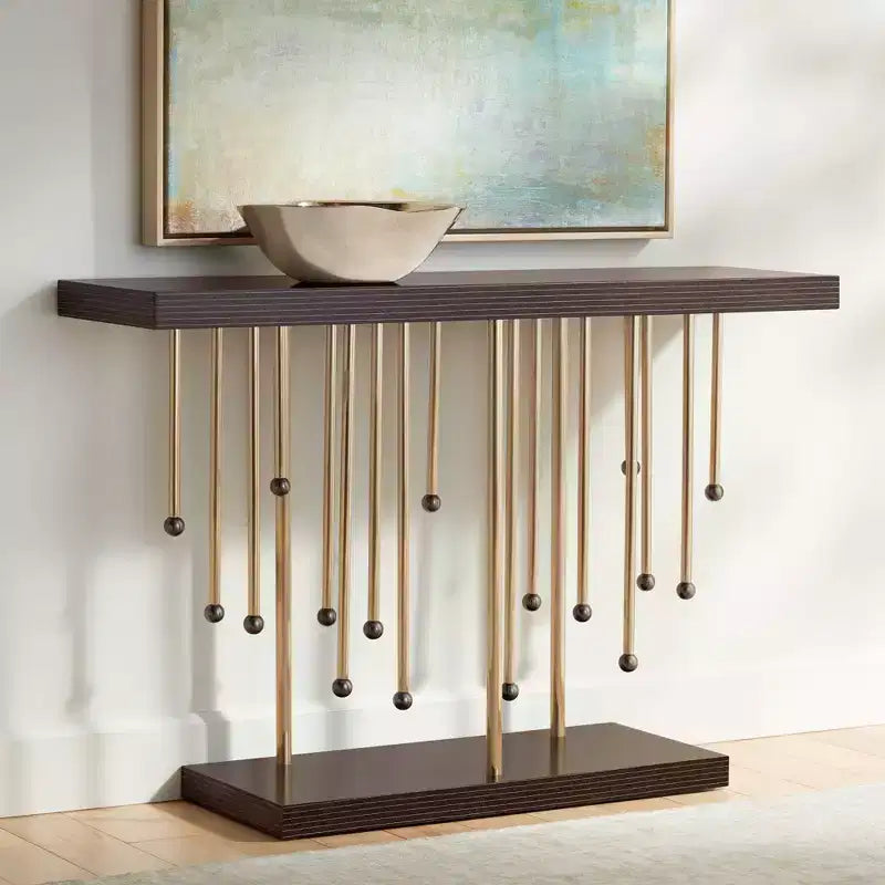 Rain Modern Gold Rectangular Console Table 48 x 13 3/4 Raindrop Strands Hanging Black Tabletop for Living Room