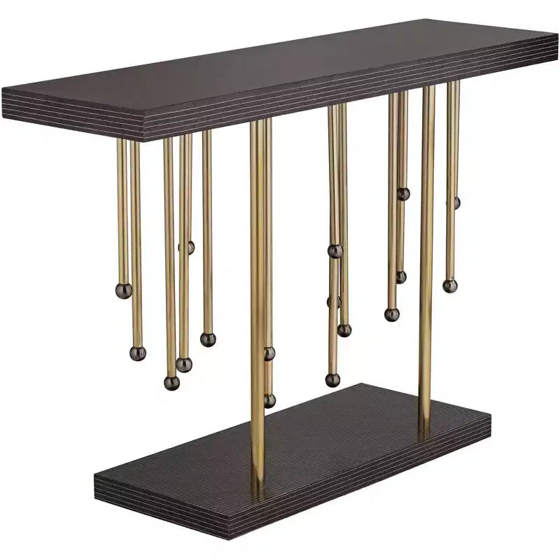 Rain Modern Gold Rectangular Console Table 48 x 13 3/4 Raindrop Strands Hanging Black Tabletop for Living Room